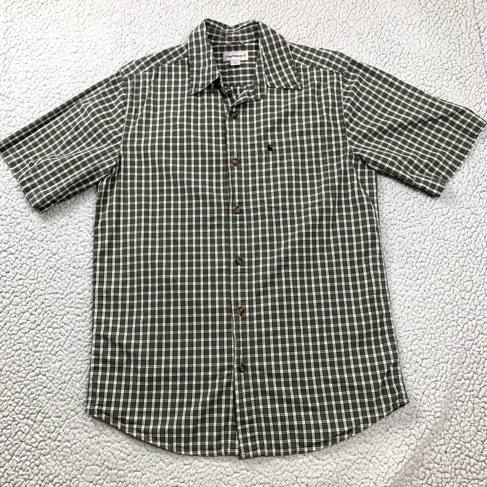 Carhartt‎ Shirt Mens M Green Plaid Relaxed Fit Cotton Short Sleeve 100386 301